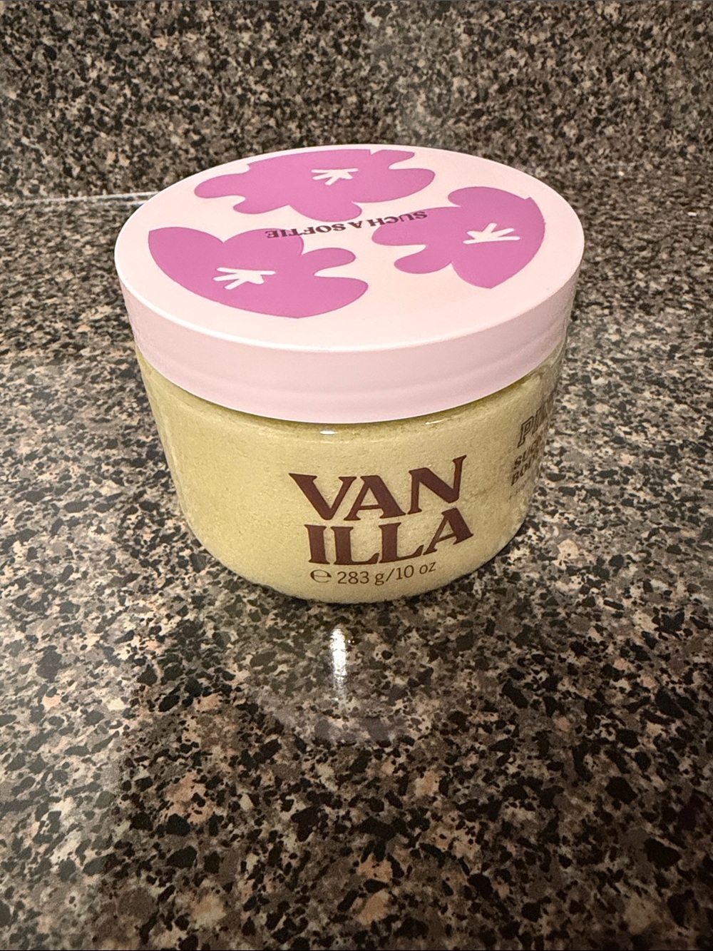 PINK Victoria's Secret Vanilla Body Scrub with Pink Lid and Purple Floral Art
